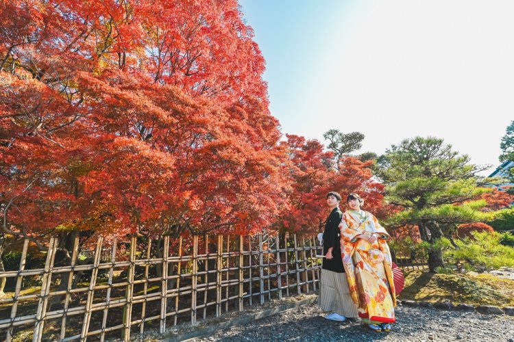 青空のもと紅葉の前で背中合わせでポージング