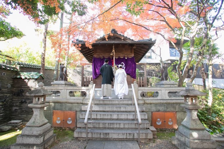 紅葉もある神社で参拝する和装姿の新郎新婦後ろ姿