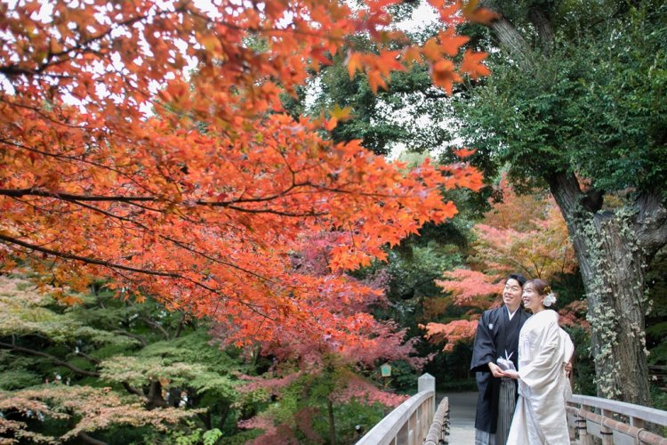 紅葉の景色を楽しむ新郎新婦